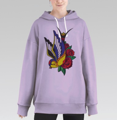 Яркая ласточка с розами в стиле Old School, Hoodie Long Oversize Fiolet
