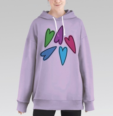 Яркие разноцветные сердца — символ любви и радости, Hoodie Long Oversize Fiolet
