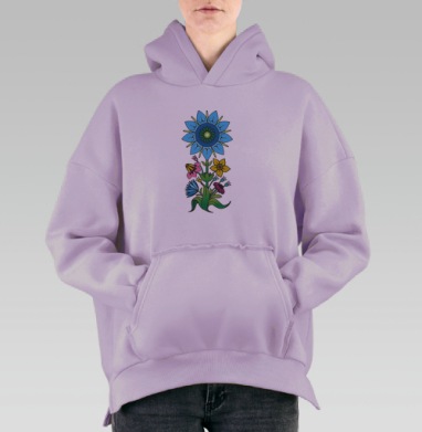 Яркий цветочный декор в народном стиле, Hoodie Oversize Fiolet, утепленная