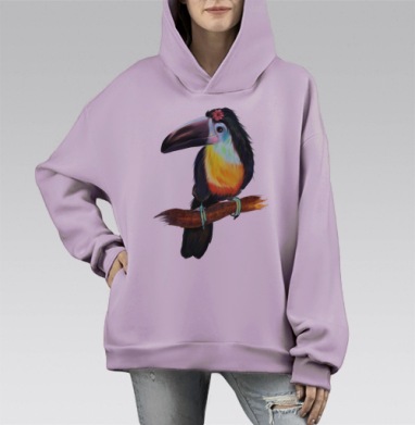 Яркий тукан с игривым цветком, Hoodie Mono Fiolet, оверсайз, утепленная