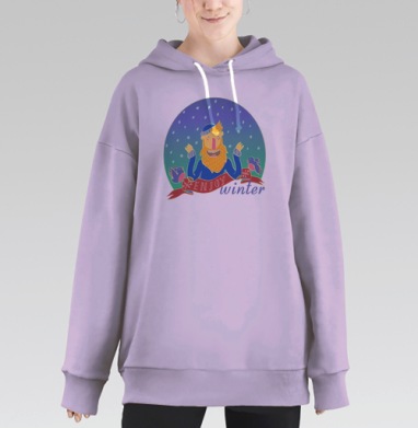 Яркий зимний постер с персонажем и птичками, Hoodie Long Oversize Fiolet