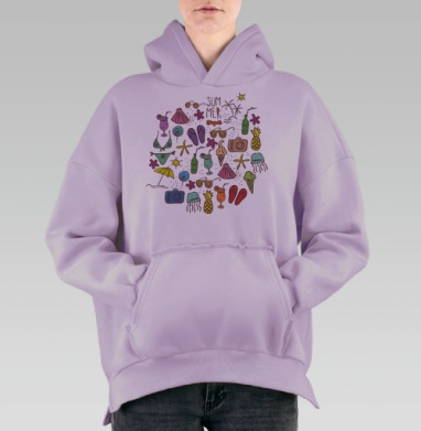 Яркое летнее настроение с пляжными символами, Hoodie Oversize Fiolet, утепленная