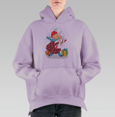 Зимняя радость: Девочка с игрушкой в объятиях, Hoodie Oversize Fiolet, утепленная