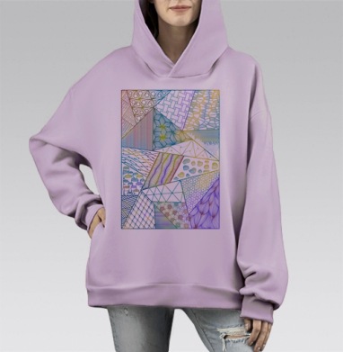 Абстрактный геометрический узор в зелёных жёлтых синих тонах, Hoodie Mono Fiolet, оверсайз, утепленная