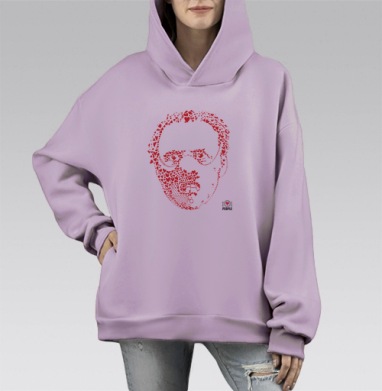 Человек созданный из красных сердец под логотипом PEOPLE, Hoodie Mono Fiolet, оверсайз, утепленная