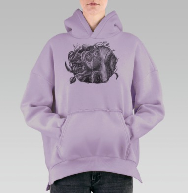 Чёрно-белая графика руки и природы, Hoodie Oversize Fiolet, утепленная