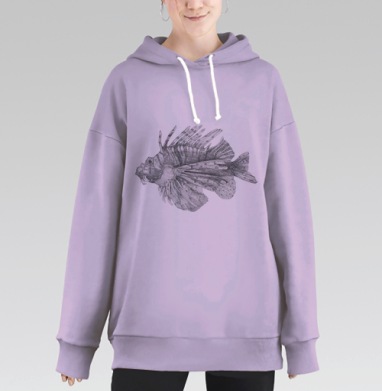 Детализированная иллюстрация рыбы-крылатки в литографии, Hoodie Long Oversize Fiolet