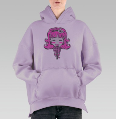 Девушка с розовым леденцом и ярким наслаждением на лице, Hoodie Oversize Fiolet, утепленная