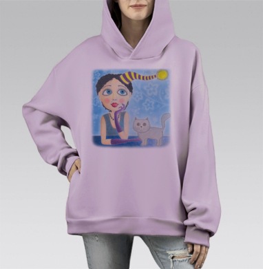 Душевная иллюстрация женщины и кота в сказочном стиле, Hoodie Mono Fiolet, оверсайз, утепленная