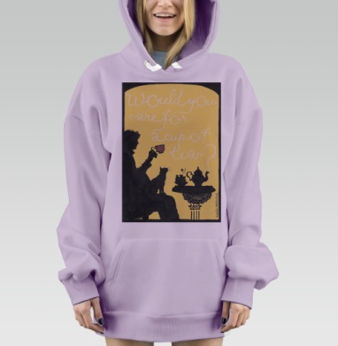 Элегантный силуэт с чашкой чая и кошкой, Hoodie Mjhigh Dig Mel, Fiolet, утепленная