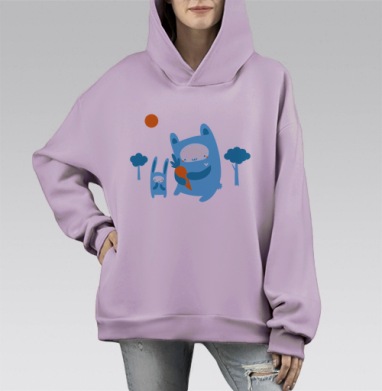Голубой кролик с оранжевой морковью и радостью вместе, Hoodie Mono Fiolet, оверсайз, утепленная