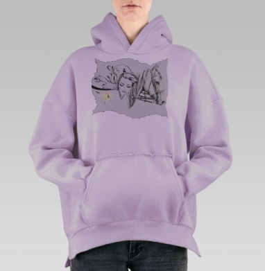 Графический арт-принт с лошадью и девушкой, Hoodie Oversize Fiolet, утепленная