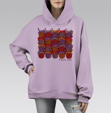 I Love cats / Я люблю кошек, Hoodie Mono Fiolet, оверсайз, утепленная