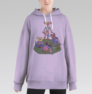 Игра и борьба: мультяшная фэнтези-сцена с девочкой и зверятами, Hoodie Long Oversize Fiolet