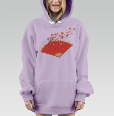 Красный веер с веткой сакуры на оранжевом фоне, Hoodie Mjhigh Dig Mel, Fiolet, утепленная