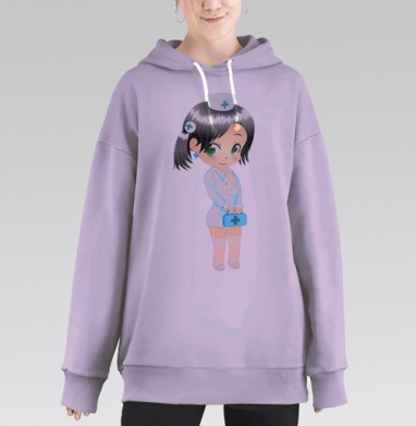 Милая аниме медсестра с медсумкой и зелёными глазами, Hoodie Long Oversize Fiolet