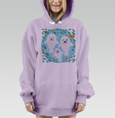 Милые мультяшные белые тюлени и рыбки, Hoodie Mjhigh Dig Mel, Fiolet, утепленная