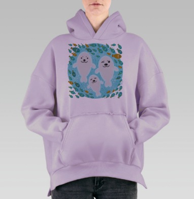 Милые мультяшные белые тюлени и рыбки, Hoodie Oversize Fiolet, утепленная