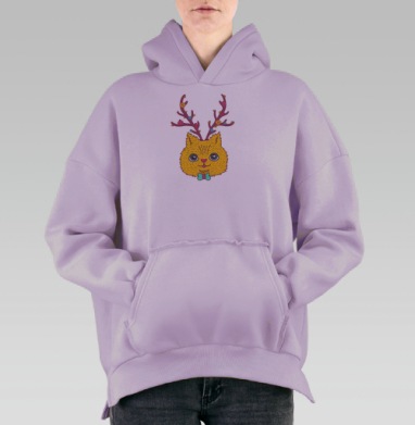 Милый котенок с волшебными рогами и цветами, Hoodie Oversize Fiolet, утепленная