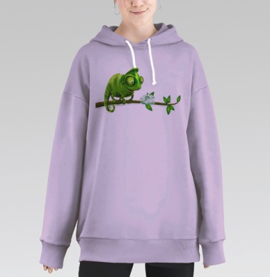 Милый зеленый хамелеон с цветком на ветке, Hoodie Long Oversize Fiolet