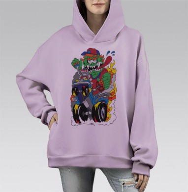 Монстр-гонщик с огненным болидом в мультяшном стиле, Hoodie Mono Fiolet, оверсайз, утепленная
