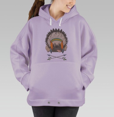 Мопс в индейском головном уборе с яркими перьями, Hoodie Oversize Fiolet