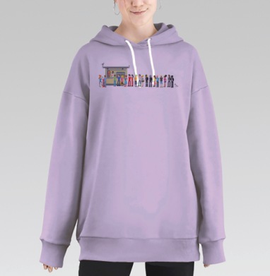 Пиксельный принт: Очередь за шаурмой у киоска, Hoodie Long Oversize Fiolet
