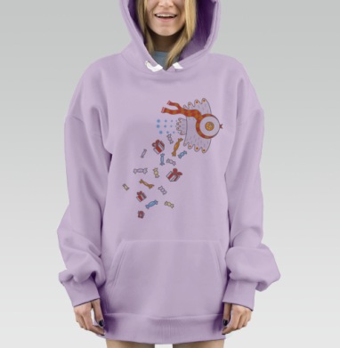 Праздничная белая птица в ярком полосатом шарфе летит сладости подарков, Hoodie Mjhigh Dig Mel, Fiolet, утепленная