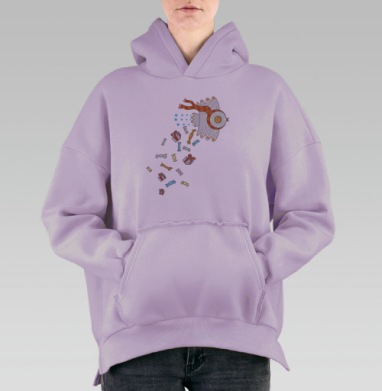 Праздничная белая птица в ярком полосатом шарфе летит сладости подарков, Hoodie Oversize Fiolet, утепленная