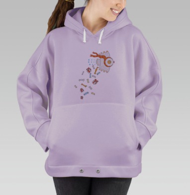 Праздничная белая птица в ярком полосатом шарфе летит сладости подарков, Hoodie Oversize Fiolet