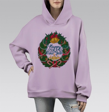 Праздничный рождественский венок с надписью Happy New Year, Hoodie Mono Fiolet, оверсайз, утепленная