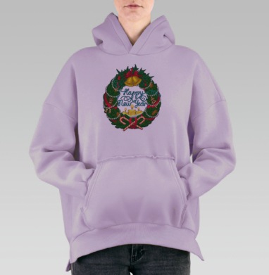 Праздничный рождественский венок с надписью Happy New Year, Hoodie Oversize Fiolet, утепленная
