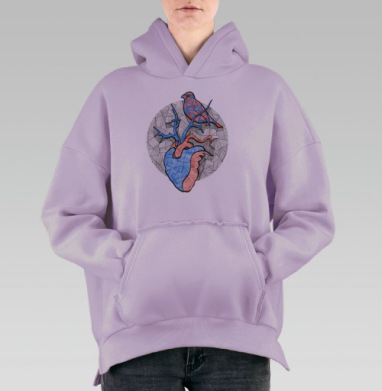 Сердце с птицей в стиле геометрия, Hoodie Oversize Fiolet, утепленная