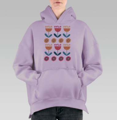 Скандинавский стиль: яркий цветочный паттерн, Hoodie Oversize Fiolet, утепленная