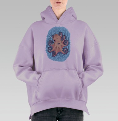 Спящий осьминог с бабочкой в стиле тату-арт, Hoodie Oversize Fiolet, утепленная