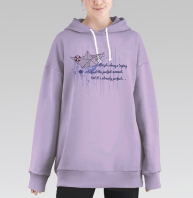 Стильный рисунок с бумажным корабликом и цитатой о жизни, Hoodie Long Oversize Fiolet