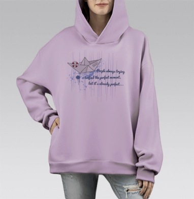 Стильный рисунок с бумажным корабликом и цитатой о жизни, Hoodie Mono Fiolet, оверсайз, утепленная