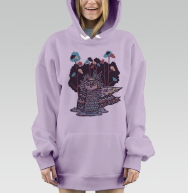 Стилизованная сова в мистическом лесу, Hoodie Mjhigh Dig Mel, Fiolet, утепленная