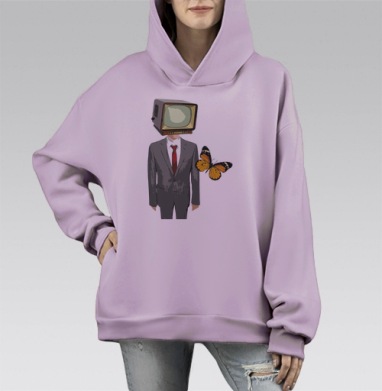 Сюрреалистичный постер с человеком-телевизором и бабочкой, Hoodie Mono Fiolet, оверсайз, утепленная