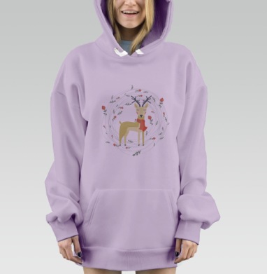 Уютный олень в праздничном венке с красным шарфом, Hoodie Mjhigh Dig Mel, Fiolet, утепленная