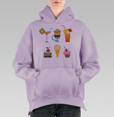 Весёлый пиксельный узор с десертами и напитками, Hoodie Oversize Fiolet, утепленная