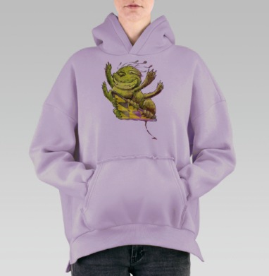 Веселый зеленый монстрик в динамике, Hoodie Oversize Fiolet, утепленная
