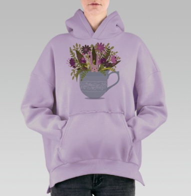 Весенний кролик в чашке с цветами – милый декор, Hoodie Oversize Fiolet, утепленная