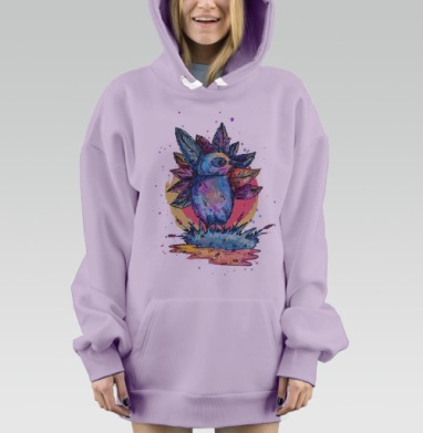 Яркая акварельная птица с короной из перьев, Hoodie Mjhigh Dig Mel, Fiolet, утепленная