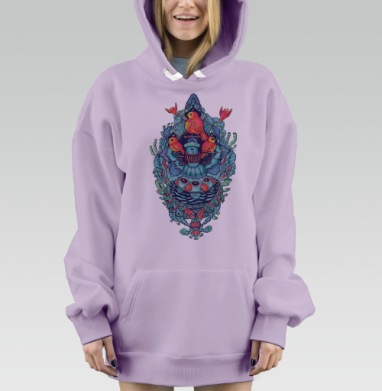Яркая иллюстрация с птицами и узорами, Hoodie Mjhigh Dig Mel, Fiolet, утепленная