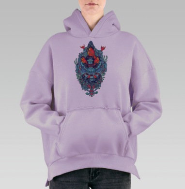 Яркая иллюстрация с птицами и узорами, Hoodie Oversize Fiolet, утепленная