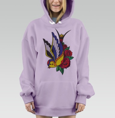 Яркая ласточка с розами в стиле Old School, Hoodie Mjhigh Dig Mel, Fiolet, утепленная