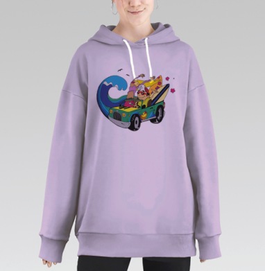 Яркая летняя машина с серфингистами и волной, Hoodie Long Oversize Fiolet