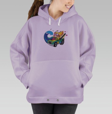 Яркая летняя машина с серфингистами и волной, Hoodie Oversize Fiolet