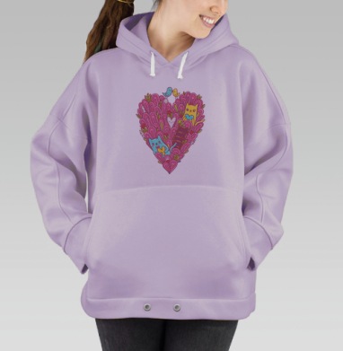 Яркая мультяшная иллюстрация о любви с котятами и птицами, Hoodie Oversize Fiolet
